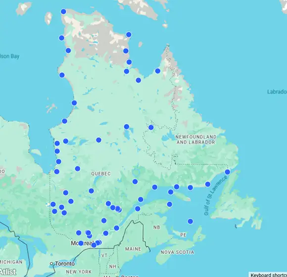 Static map showing charter flight destinations throughout Quebec